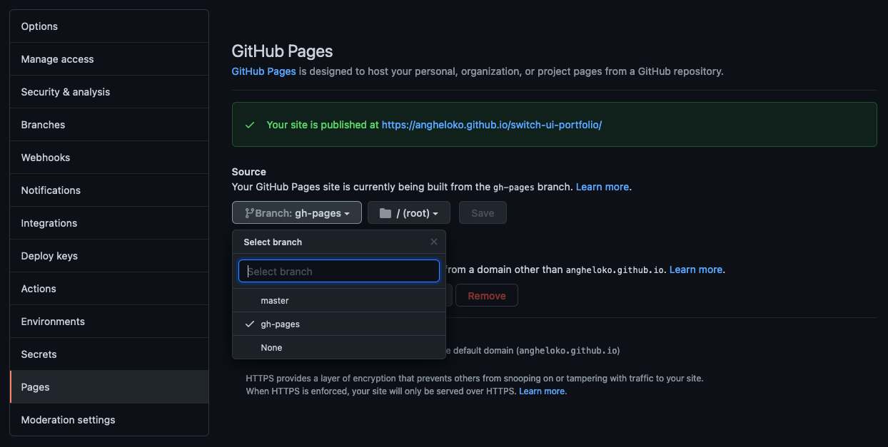 Screenshot of GitHub Pages settings